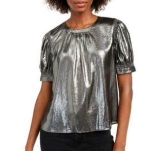 NWT Current Air Silver Lamet short sleeve top. back neck closure.  New with Tags